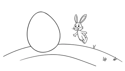 Disegno da colorare di un grande uovo e un coniglio cartonesco sorridente che salta tra le colline.