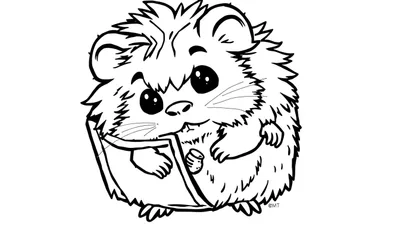 Disegno a linee in bianco e nero di un criceto stilizzato e carino seduto, che tiene un libro aperto tra le zampette anteriori. Ha grandi occhi neri, baffi sottili e un aspetto molto peloso. All'interno del libro c'è un piccolo oggetto. Firma '©MT' in basso a destra.
