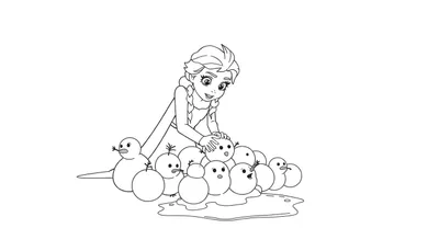 Disegno da colorare di una giovane Elsa con trecce, sorridente, che accarezza un pupazzo di neve mentre altri simili a 'snowgies' si sciolgono attorno a lei.
