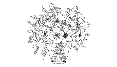 Disegno a contorno di un mazzo di fiori misti in un vaso, pronto da colorare.