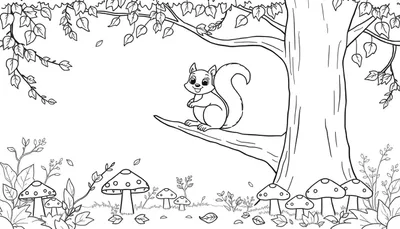 Disegno da colorare di uno scoiattolo amichevole seduto su un ramo in un bosco autunnale, circondato da foglie cadute e funghi.