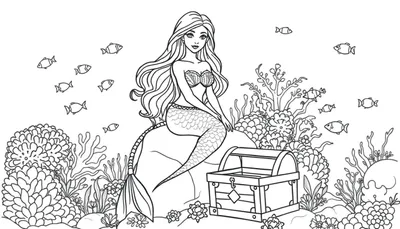 Disegno al tratto di una sirena con capelli lunghi, top a conchiglia e coda di pesce seduta su una roccia vicino a un forziere del tesoro aperto. Intorno ci sono pesci, coralli e alghe.