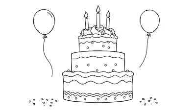 Disegno al tratto in bianco e nero di una torta a tre piani con candele, palloncini e coriandoli, perfetto per una pagina da colorare.