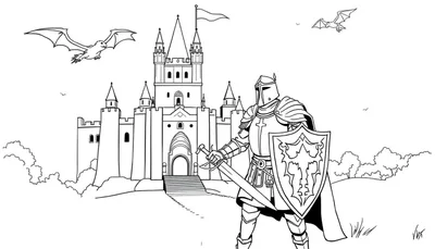 Disegno da colorare di un cavaliere medievale con spada e scudo davanti a un castello con torri, draghi e uccelli nel cielo.