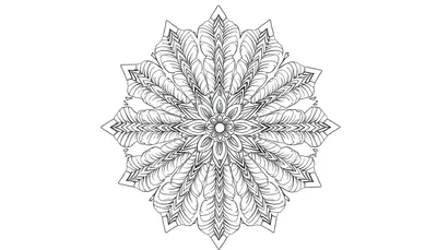 Disegno dettagliato in bianco e nero di un mandala floreale stilizzato con otto punte esterne e un nucleo centrale, su sfondo bianco.