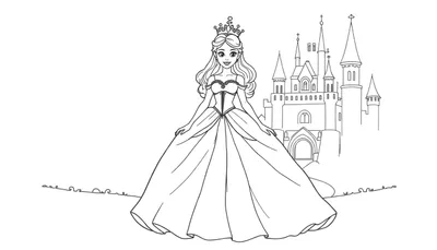Disegno da colorare di una principessa con abito da ballo e corona, accanto a un maestoso castello fiabesco.