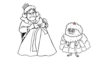 Disegno da colorare di una regina severa in abito regale con corona che guarda una piccola creatura pelosa spaventata.