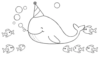 Disegno da colorare di una balena con cappello da festa che soffia bolle, circondata da pesci.
