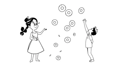 Disegno da colorare di una bambina con treccia e un bambino che giocano con cerchi volanti nell'aria.