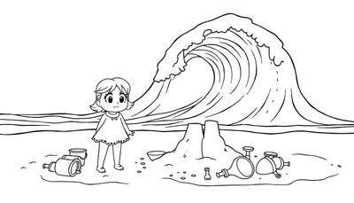 Disegno da colorare di una bambina preoccupata sulla spiaggia, con un'onda gigante che si avvicina. Sullo sfondo giocattoli da spiaggia e un castello di sabbia incompleto.