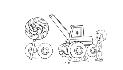 Disegno da colorare di un bambino che guarda una gru giocattolo e un lecca-lecca gigante.