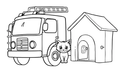 Disegno da colorare in bianco e nero di un camion dei pompieri, una cuccia per cani e un gattino.