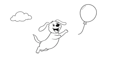 Disegno da colorare di un cane gioioso che salta per afferrare un palloncino, con una nuvola stilizzata sullo sfondo.