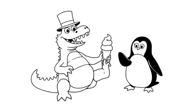 Disegno da colorare di un coccodrillo con cappello a cilindro che mangia un cono gelato accanto a un pinguino che agita un'ala.