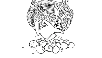 Disegno da colorare di un coniglietto che cade da un cesto pieno di uova.