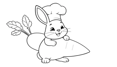 Disegno in bianco e nero di un coniglietto con cappello da chef seduto su una carota, con espressione felice e lingua fuori.