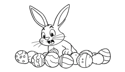 Disegno in bianco e nero di un coniglietto pasquale con orecchie dritte che spunta da dietro una fila di uova di Pasqua decorate.