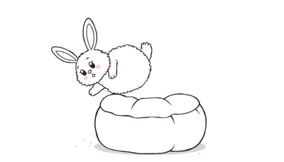 Disegno da colorare di un coniglio bianco con guance rosa che salta su un sacco a pelo bianco, con orecchie lunghe e coda soffice, su sfondo bianco.