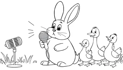 Disegno da colorare di un coniglio che canta al microfono, con tre anatroccoli che ascoltano. Onde sonore escono dal microfono del coniglio.