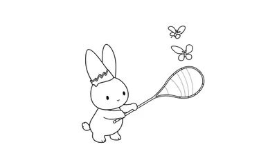 Disegno da colorare di un coniglio amichevole che tiene un retino per farfalle, con due farfalle che volano sopra. Linee semplici in bianco e nero.