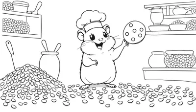 Disegno da colorare: criceto chef con cappello da cuoco che tiene un biscotto bucato, circondato da fagioli e ingredienti in cucina.