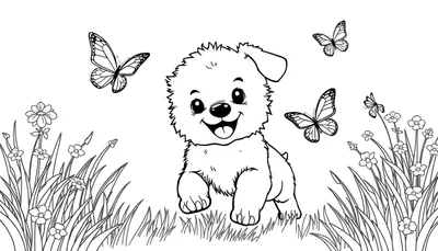 Disegno a linea di un cucciolo di cane che gioca in un prato fiorito con farfalle, pronto per essere colorato.