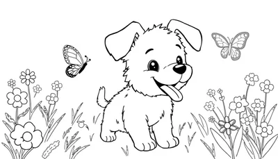 Disegno in bianco e nero di un cucciolo di cane con lingua fuori seduto in un prato fiorito con due farfalle.