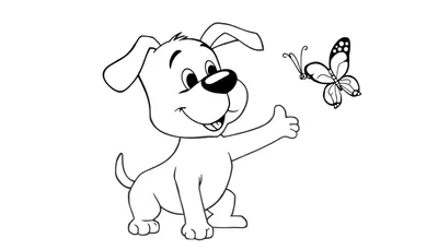 Disegno a linea nera su sfondo bianco di un cucciolo di cane stilizzato che solleva il pollice e guarda una farfalla.