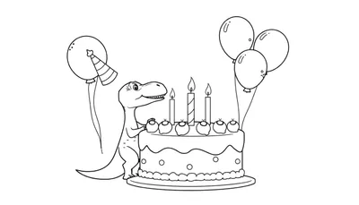 Disegno da colorare di un dinosauro stilizzato con una torta di compleanno.