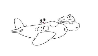Disegno da colorare di un aeroplanino dei cartoni animati con un viso allegro che vola tra le nuvole, con una torta decorata su una nuvola.