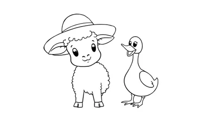 Disegno al tratto di un agnello con un cappello e un'anatra.