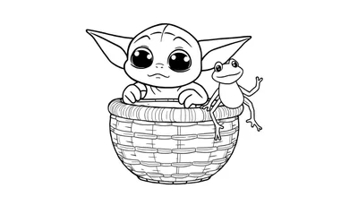 Disegno a fumetti di un bambino alieno con grandi occhi seduto in un cesto di vimini, con una rana sul bordo.