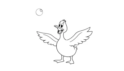 Disegno a fumetti di un'anatra felice con ali aperte e una bolla che galleggia sopra la sua testa.