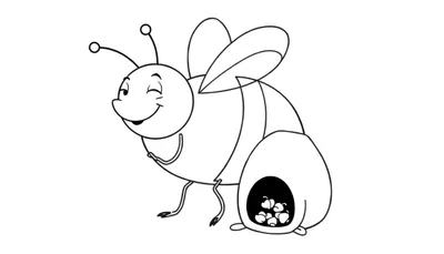 Disegno da colorare di un'ape stilizzata che sorride con un occhio chiuso, ali aperte e antenne. Sotto l'ape c'è un nido a forma ovale con forme a cuore che spuntano dall'apertura.