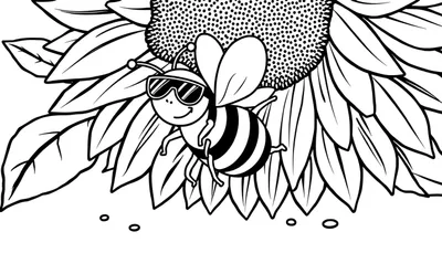 Disegno da colorare: ape con occhiali da sole, girasole e foglie.