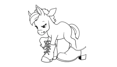 Disegno in bianco e nero di un asinello con espressione triste che tenta di indossare uno stivale e una scarpa elegante troppo grandi.
