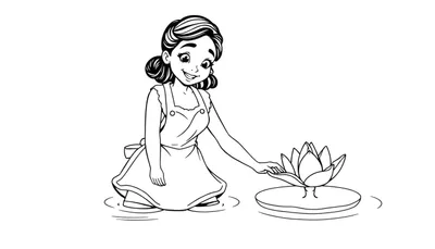 Disegno da colorare: bambina in ginocchio su uno stagno che tocca un fiore di loto, con i capelli in due chignon e un grembiule con bretelle.