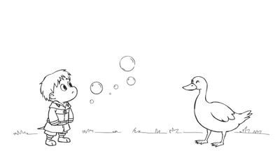 Disegno da colorare di un bambino sorridente a sinistra e un'anatra amichevole a destra, con bolle di sapone che fluttuano tra loro in un prato verde stilizzato.