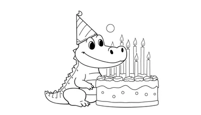 Disegno da colorare di un coccodrillo cartone animato con cappello da festa seduto vicino a una torta di compleanno con candeline accese.