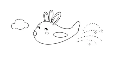Disegno da colorare di un aereo a forma di coniglio con orecchie lunghe, muso sorridente, finestra ovale, che vola tra le nuvole con scie tratteggiate e stelle.