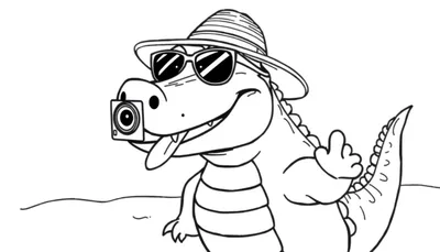 Disegno da colorare di un alligatore cartone animato con cappello, occhiali da sole, macchina fotografica e lingua fuori, su una spiaggia.