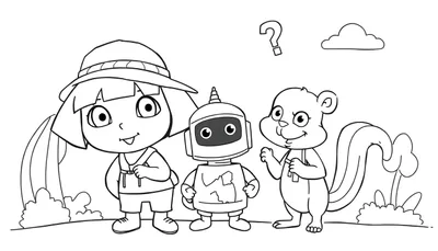 Disegno da colorare di una bambina esploratrice, un robot e uno scoiattolo in un paesaggio esterno.