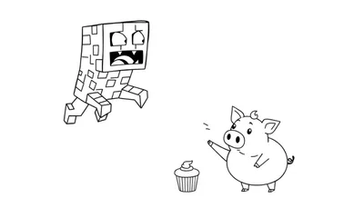 Disegno stilizzato da colorare di un Creeper di Minecraft con bocca spalancata e occhi spaventati, di fronte a un maialino carino con un ricciolo sulla testa e un braccio alzato. Tra loro c'è un cupcake. Sfondo bianco.