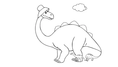 Disegno da colorare di tre dinosauri, uno grande con cappello e due piccoli, con una nuvola.