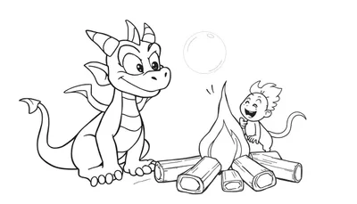 Disegno da colorare con un drago e un bambino seduti vicino a un falò, con una bolla in alto a destra.