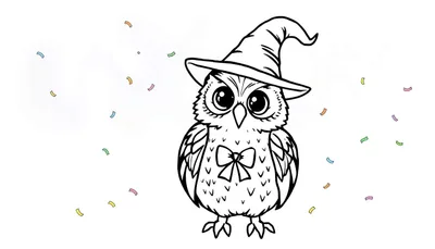 Disegno da colorare di un gufo stilizzato che indossa un cappello da strega e ha un fiocco sul petto, con coriandoli sparsi sullo sfondo.