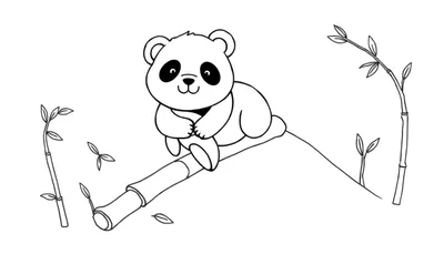 Disegno a linea di un panda carino che sorride, seduto su un tronco di bambù, con foglie di bambù sparse intorno. Ideale per colorare.