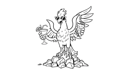 Disegno da colorare di un pappagallo stilizzato con occhiali da sole, cocktail e fagottino.
