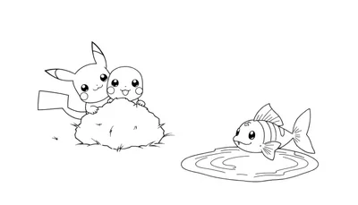 Disegno da colorare in bianco e nero di due Pikachu felici su un terreno e un Magikarp che nuota in acqua.