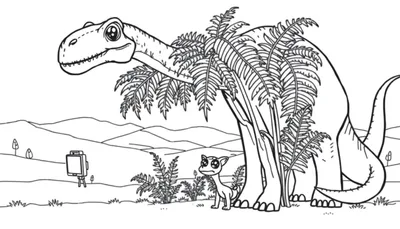 Disegno da colorare con un grande dinosauro sauropode nascosto tra le felci e un piccolo dinosauro triste di fronte. Paesaggio preistorico con colline e un treppiede sullo sfondo.